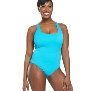 Athena Wave After Wave Tank One Piece Textured Blue Lagoon Swimsuit Size 14 NWT